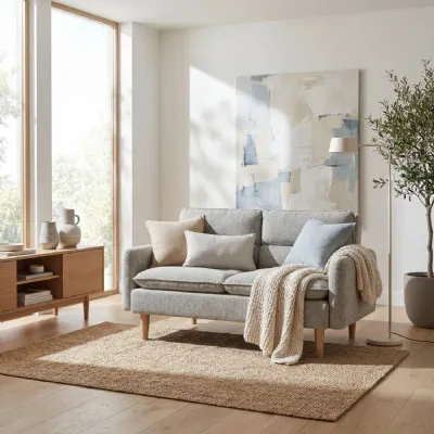 Natural Fabric Upholstered 2 Seater Sofa Light Wooden Legs