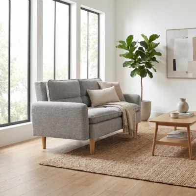 Light Grey Fabric Upholstered 2 Seater Sofa Wooden Legs