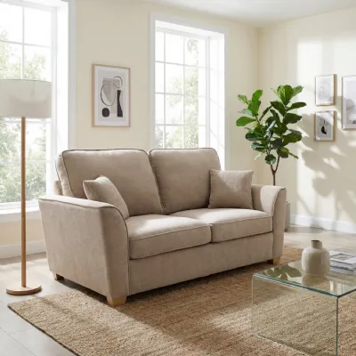 Oatmeal Fabric 2 Seater Standard Back Sofa Wooden Legs