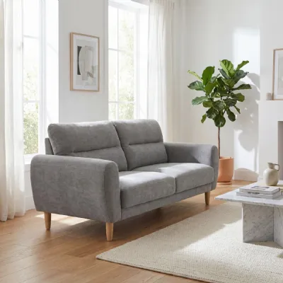 Grey Fabric Scandinavian Style 3 Seater Sofa Wooden Legs