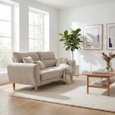 Natural Fabric Scandinavian Style 3 Seater Sofa Wooden Legs