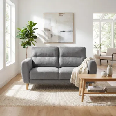 Grey Fabric Scandinavian Style 2 Seater Sofa Wooden Legs