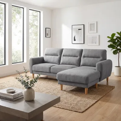Grey Fabric Corner Sofa Chaise Light Wooden Legs