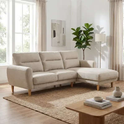 Natural Fabric Corner Sofa Chaise Light Wooden Legs