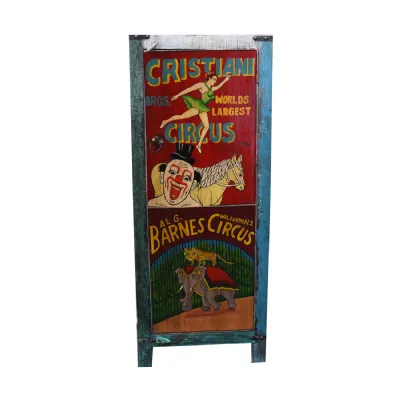 Vintage Hand Painted Reclaimed Wood Circus 1 Door Tall Cabinet with 3 Shelves