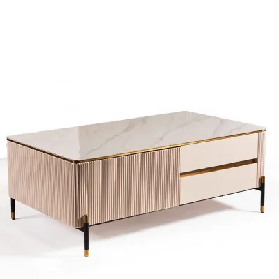 Luxury White and Gold Ribbed Sintered Stone Top 2 Drawer Coffee Table