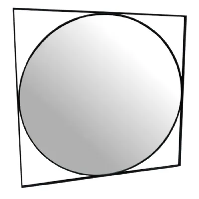 Square Black Metal Frame Round Wall Mirror