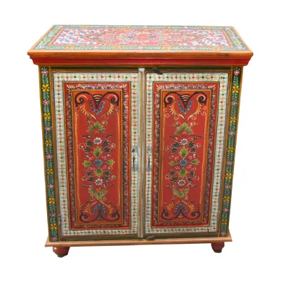 Hand Painted Vintage Folk Pattern 2 Door Cabinet with Internal Shelves