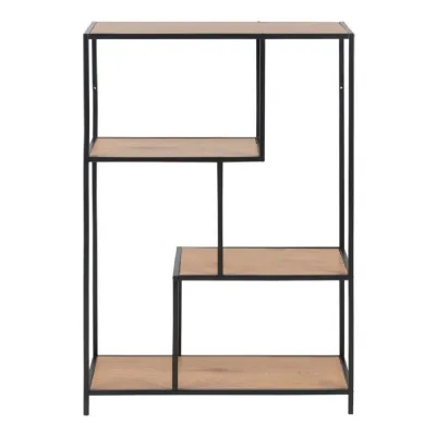 Seaford Black Metal Asymmetrical Bookcase with 3 Oak Shelves