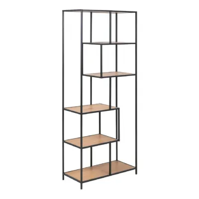 Seaford Tall Black Metal Bookcase with 5 Oak Shelves