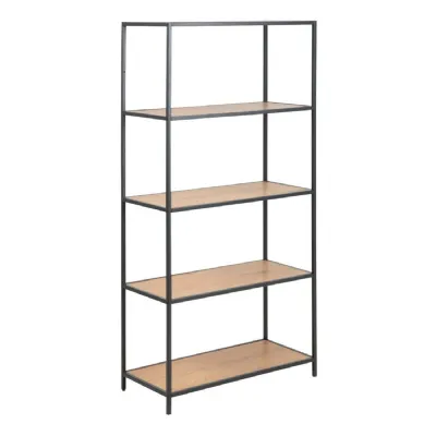 Seaford Tall Black Metal Bookcase with 4 Oak Shelves
