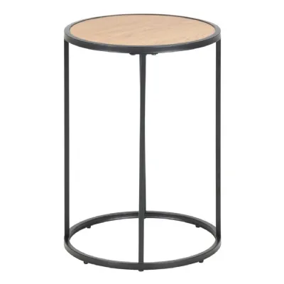 Seaford Black Metal Small Round Side Table with Oak Top