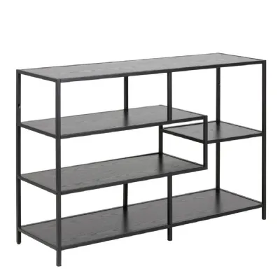 Seaford Wide Black Metal Bookcase with 4 Black Oak Shelves