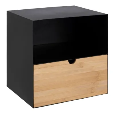 Joliet 1 Drawer Wallmounted Bedside Table in Black & Bamboo