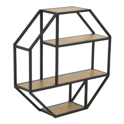 Seaford Octagonal Metal Wall Shelf in Black And Oak