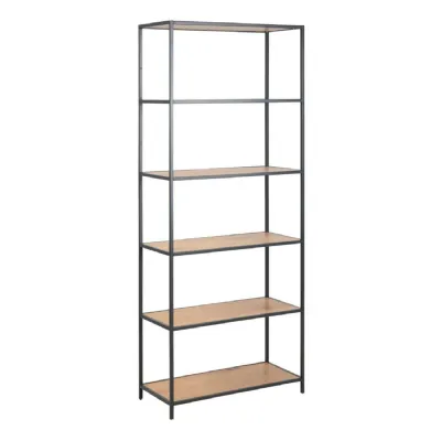 Seaford Tall Black Metal Bookcase with 5 Shelves in Oak