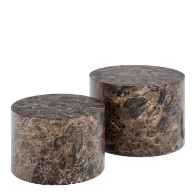 Dice Round Coffee Table Set of 2 in Brown Marble and Delhi Rough Paper