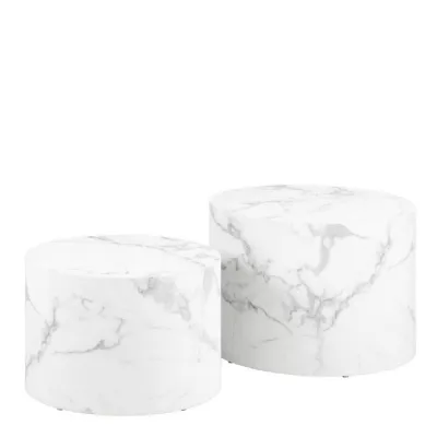Dice Round Coffee Table Set of 2 in White Marble and Carrara Rough Paper