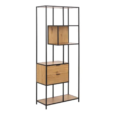Seaford Tall Wild Oak Metal 2 Drawer Bookcase With 4 Shelves