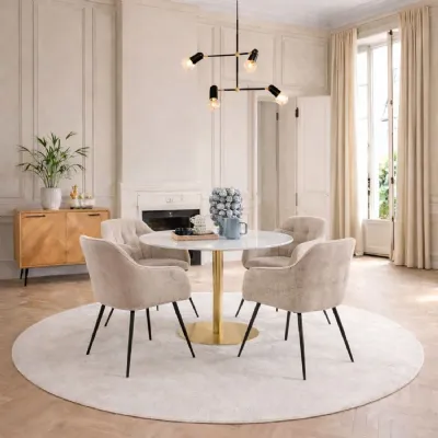 Corby Round Dining Table with White Polished Marble Top & Gold Base inc 4 Brooke Dining Chairs with Armrests in Monza Beige