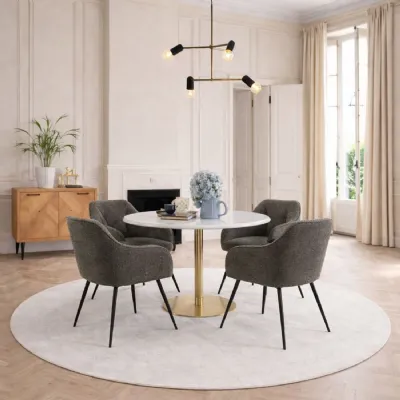 Corby Round Dining Table with White Polished Marble Top & Gold Base inc 4 Brooke Dining Chairs with Armrests in Taupe