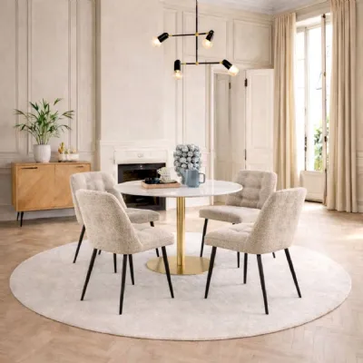 Corby Round Dining Table with White Polished Marble Top & Gold Base inc 4 Brooke Dining Chairs in Beige