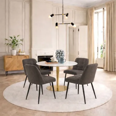 Corby Round Dining Table with White Polished Marble Top & Gold Base inc 4 Brooke Dining Chairs in Taupe