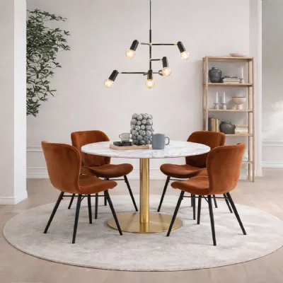 Corby Round Dining Table with White Polished Marble Top & Gold Base inc 4 Batilda Dining Chairs in Copper