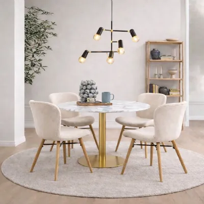 Corby Round Dining Table with White Polished Marble Top & Gold Base inc 4 Batilda Dining Chairs in Cream Oak Legs