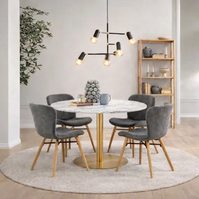 Corby Round Dining Table with White Polished Marble Top & Gold Base inc 4 Batilda Dining Chairs in Grey Oak Legs