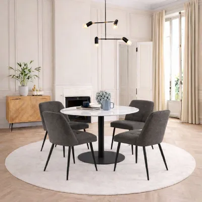 Corby Round Dining Table with White Polished Marble Top & Black Base inc 4 Brooke Dining Chairs in Taupe