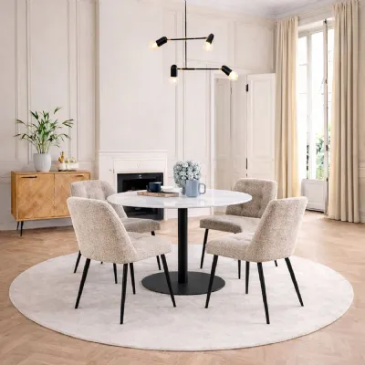 Corby Round Dining Table with White Polished Marble Top & Black Base inc 4 Brooke Dining Chairs in Beige