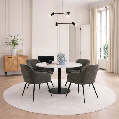Corby Round Dining Table with White Polished Marble Top & Black Base inc 4 Brooke Dining Chairs with Arm Rest in Taupe