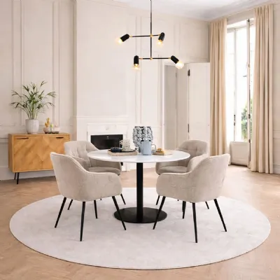 Corby Round Dining Table with White Polished Marble Top & Black Base inc 4 Brooke Dining Chairs with Arm Rest in Monza Beige