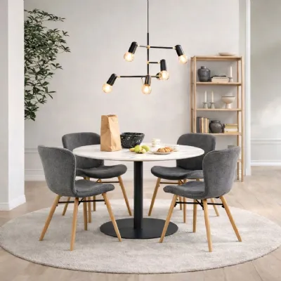 Corby Round Dining Table with White Polished Marble Top & Black Base inc 4 Batilda Dining Chairs in Grey Oak