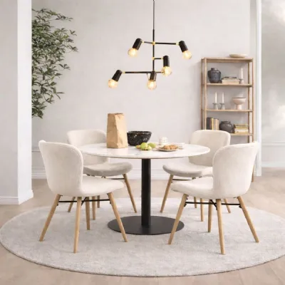 Corby Round Dining Table with White Polished Marble Top & Black Base inc 4 Batilda Dining Chairs in Cream Oak