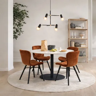 Corby Round Dining Table with White Polished Marble Top & Black Base inc 4 Batilda Dining Chairs in Copper