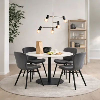 Corby Round Dining Table with White Polished Marble Top & Black Base inc 4 Batilda Dining Chairs in Dark Grey
