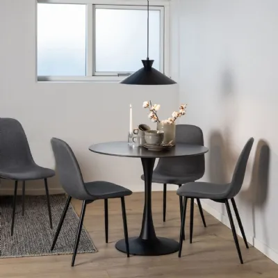 Malta Ceramic Round Dining Table in Black 90x75cm includes 4 Celia Dining Chairs in Light Grey