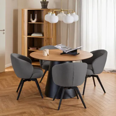 Soli Round Dining Table in Oak and Black 120x75cm Includes 4 Darlene Dining Chair with Armrest and Swivel Function in Grey
