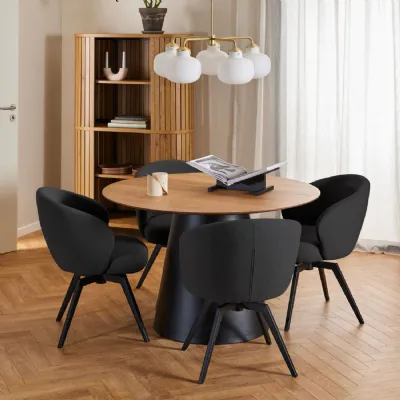 Soli Round Dining Table in Oak and Black 120x75cm includes 4 Darlene Dining Chair includes Armrest and Swivel Function in Black