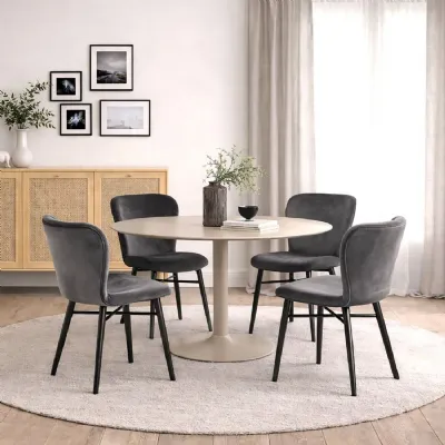Ibiza Round Beige Dining Table with 4 Batilda Dining Chairs in Dark Grey