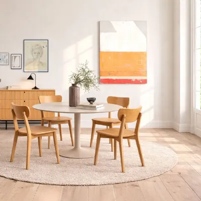 Ibiza Round Beige Dining Table with 4 Roxby Dining Chairs in Oak