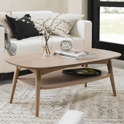 Light Oak Coffee Table with Rounded Edges and Lower Shelf