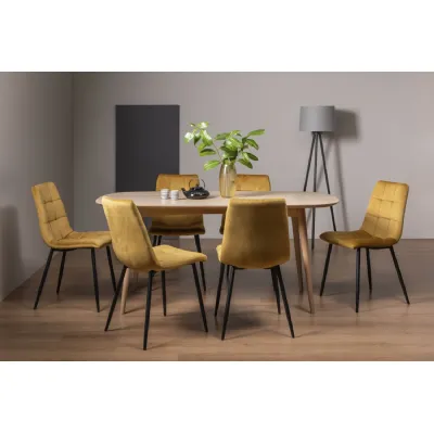 Oak Oval Dining Table Set 6 Yellow Velvet Fabric Chairs