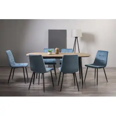 Weathered Oak Dining Table Set with 6 Blue Velvet Chairs