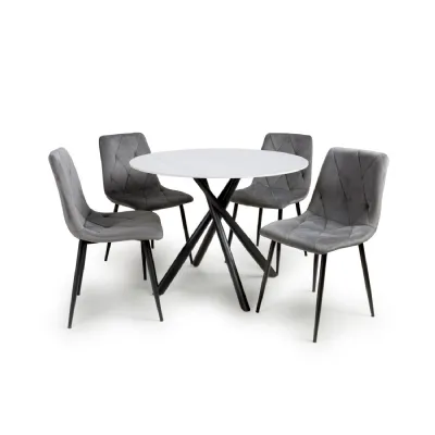 White Marble Effect Top 100cm Round Dining Set 4 Grey Chairs
