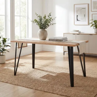 Natural Oak Effect Top Rectangular Bar Table Metal Legs