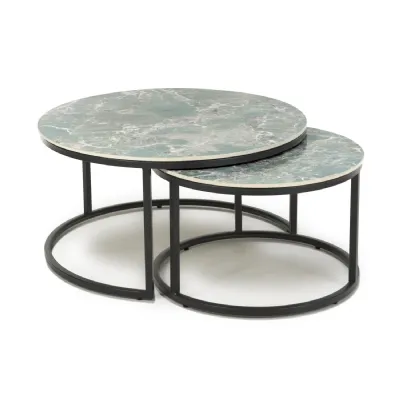 Green Texture Mable Effect Top Round Nest of 2 Tables