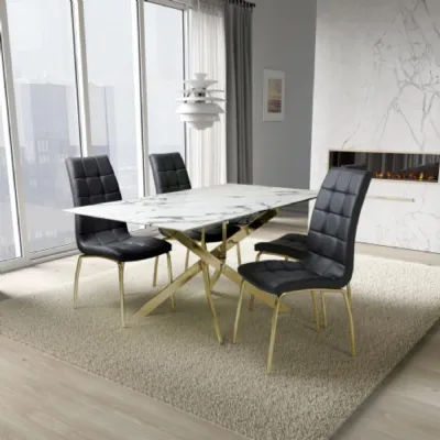 White Marble Effect 1.6m Dining Table Set 4 Black Chairs